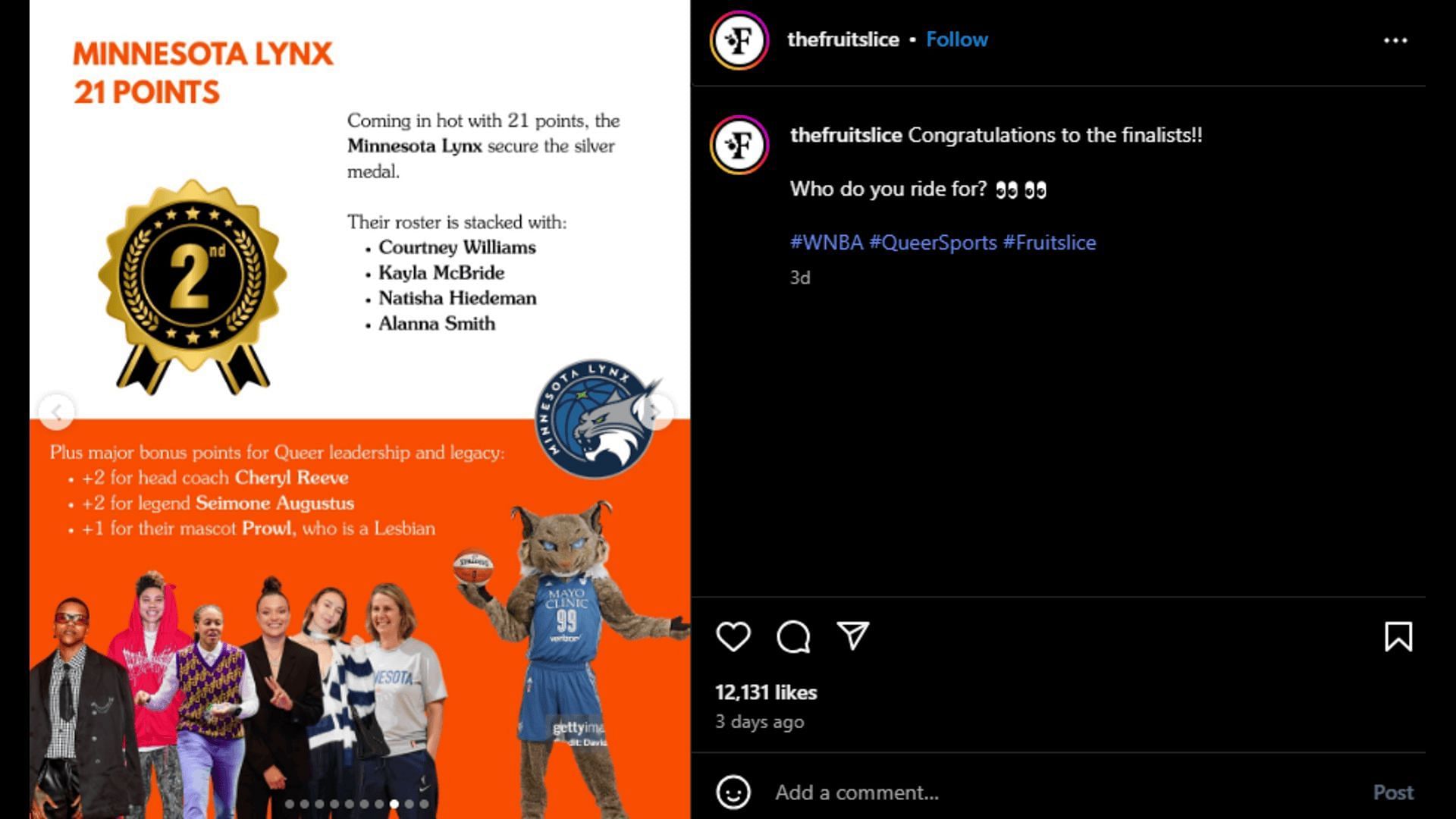 According to an IG post by Fruitslice, the Minnesota Lynx is the second "gayest" team in the WNBA. Credit: Fruitslice/IG